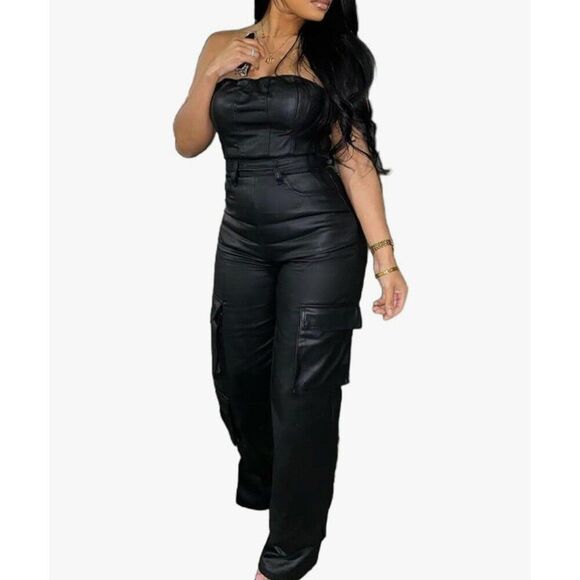SEXY Black Faux Leather Look Casual Jumpsuit Jumper Romper Size XL - Picture 1 of 7